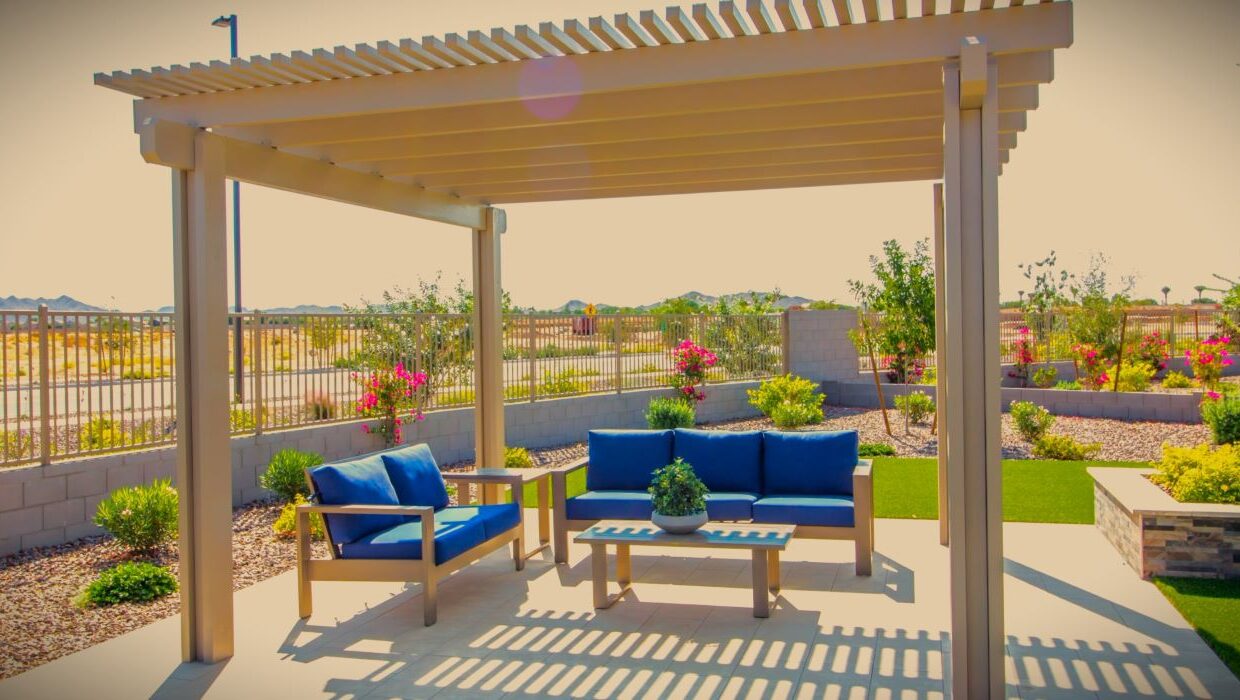 Inexpensive Backyard furniture and permanent patio shade structure ideas